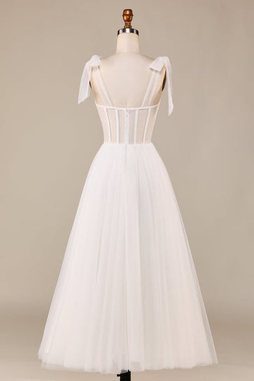 Ivory A-Line Tea-lengde Tyllkorsett brudekjole